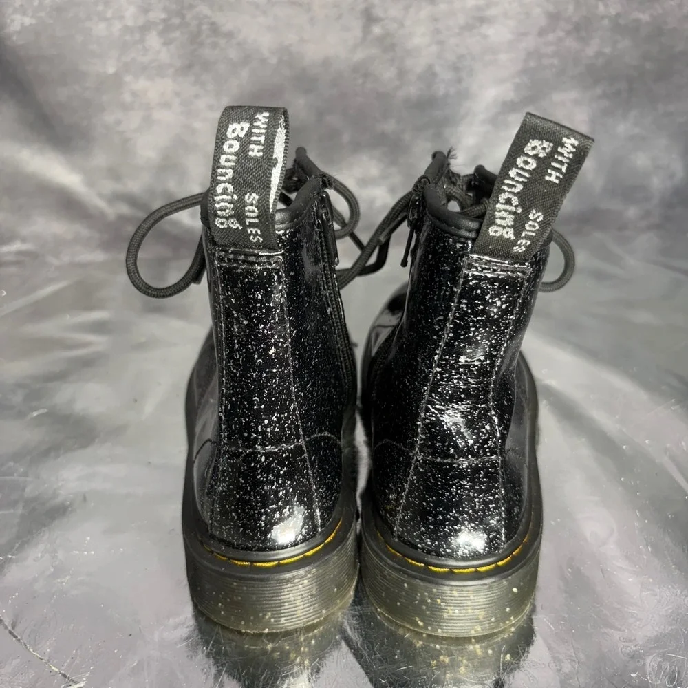 Dr Martens 1460J Girls 3 Black Glitter Leather Lace Up Zip Ankle Combat Boots